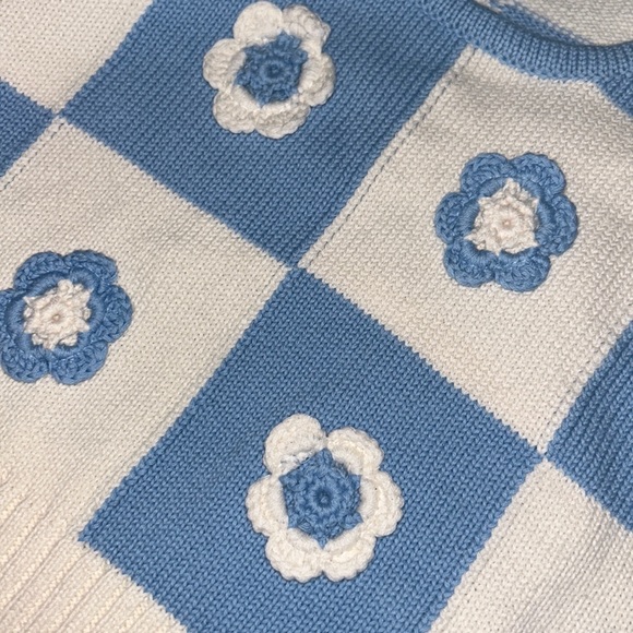 NWT Sz.S Entro Blue Checked Floral Cropped Crochet Top - Picture 3 of 3